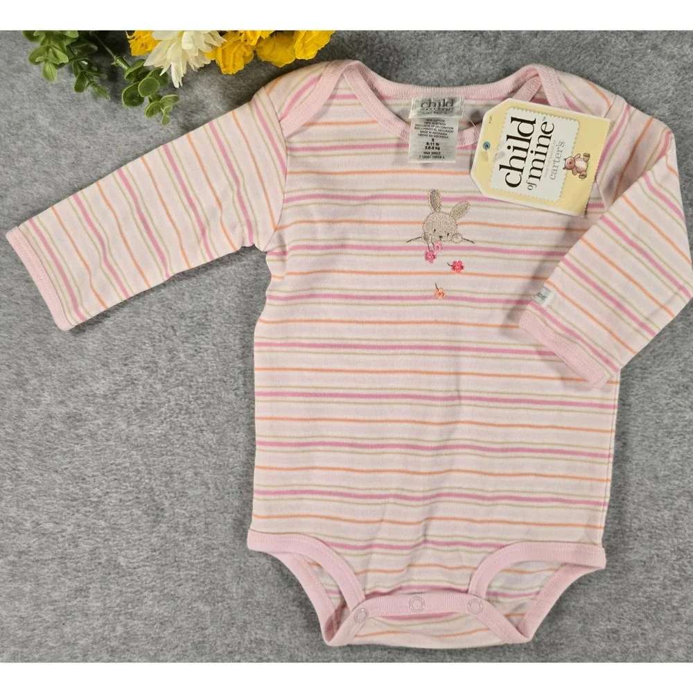 Y2K Carters Bodysuit Baby 0-3m Pink Striped Bunny Floral Long Sleeve NWT